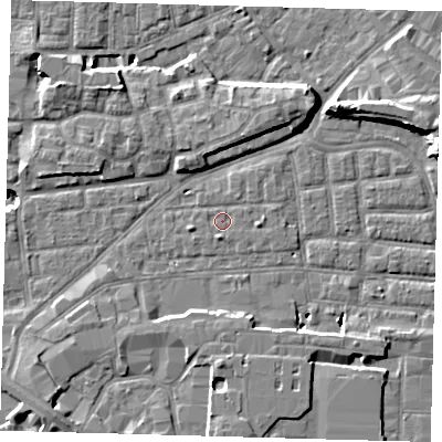 Shaded relief map of the ground around SE163DR, computed from Environment Agency LiDAR. The ground here sits at about 1 m above sea level and falls 13 m across the surrounding 800 m. Surface water reaching this point runs off ground lying to the south, 1.3 m higher.