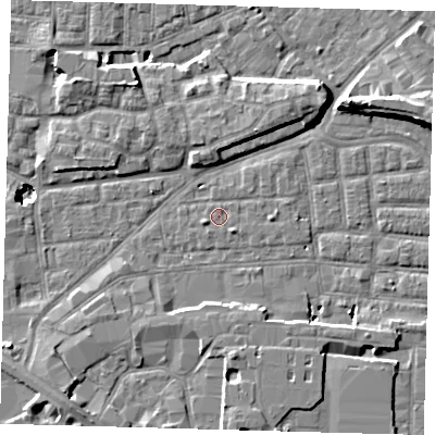 Shaded relief map of the ground around SE163DS, computed from Environment Agency LiDAR. The ground here sits at about 2 m above sea level and falls 11 m across the surrounding 800 m. Surface water reaching this point runs off ground lying to the south-east, 1.3 m higher.