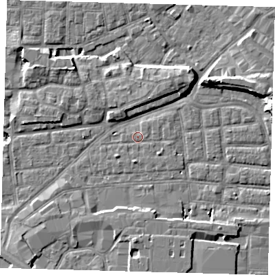 Shaded relief map of the ground around SE163DT, computed from Environment Agency LiDAR. The ground here sits at about 1 m above sea level and falls 15 m across the surrounding 800 m. Surface water reaching this point runs off ground lying to the east, 0.7 m higher.