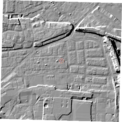 Shaded relief map of the ground around SE163DW, computed from Environment Agency LiDAR. The ground here sits at about 2 m above sea level and falls 14 m across the surrounding 800 m. Surface water reaching this point runs off ground lying to the west, 0.9 m higher.
