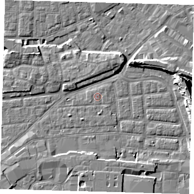 Shaded relief map of the ground around SE163DX, computed from Environment Agency LiDAR. The ground here sits at about 1 m above sea level and falls 14 m across the surrounding 800 m. Surface water reaching this point runs off ground lying to the south, 1.1 m higher.