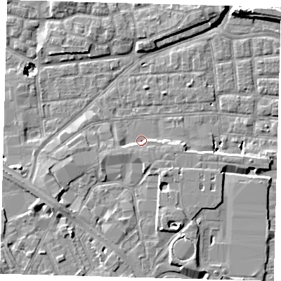 Shaded relief map of the ground around SE163DY, computed from Environment Agency LiDAR. The ground here sits at about 1 m above sea level and falls 11 m across the surrounding 800 m. Surface water reaching this point runs off ground lying to the south-south-east, 2.4 m higher.
