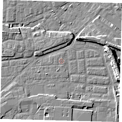 Shaded relief map of the ground around SE163EF, computed from Environment Agency LiDAR. The ground here sits at about 2 m above sea level and falls 14 m across the surrounding 800 m. Surface water reaching this point runs off ground lying to the south-south-west, 1.1 m higher.