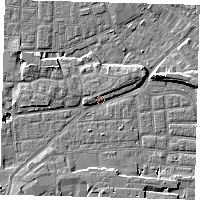 Shaded relief map of the ground around SE163EG, computed from Environment Agency LiDAR. The ground here sits at about 2 m above sea level and falls 11 m across the surrounding 800 m. Surface water reaching this point runs off ground lying to the north-east, 5.4 m higher.