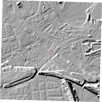 Shaded relief map of the ground around SE163EH, computed from Environment Agency LiDAR. The ground here sits at about 2 m above sea level and falls 13 m across the surrounding 800 m. Surface water reaching this point runs off ground lying to the east, 0.8 m higher.