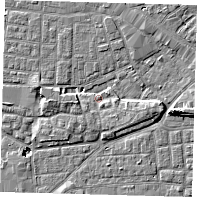 Shaded relief map of the ground around SE163EJ, computed from Environment Agency LiDAR. The ground here sits at about 2 m above sea level and falls 11 m across the surrounding 800 m. Surface water reaching this point runs off ground lying to the east-south-east, 4.8 m higher.