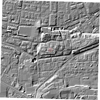 Shaded relief map of the ground around SE163EN, computed from Environment Agency LiDAR. The ground here sits at about 4 m above sea level and falls 9 m across the surrounding 800 m. Surface water reaching this point runs off ground lying to the south-west, 0.8 m higher.