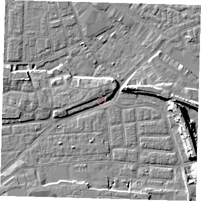 Shaded relief map of the ground around SE163EQ, computed from Environment Agency LiDAR. The ground here sits at about 2 m above sea level and falls 14 m across the surrounding 800 m. Surface water reaching this point runs off ground lying to the north-west, 4.9 m higher.