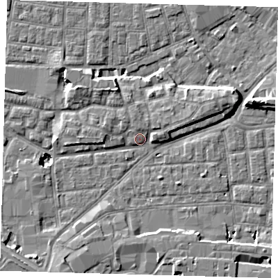 Shaded relief map of the ground around SE163ET, computed from Environment Agency LiDAR. The ground here sits at about 2 m above sea level and falls 11 m across the surrounding 800 m. Surface water reaching this point runs off ground lying to the west, 3.0 m higher.