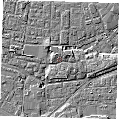 Shaded relief map of the ground around SE163EU, computed from Environment Agency LiDAR. The ground here sits at about 3 m above sea level and falls 9 m across the surrounding 800 m. Surface water reaching this point runs off ground lying to the north-west, 2.8 m higher.