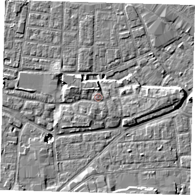 Shaded relief map of the ground around SE163EW, computed from Environment Agency LiDAR. The ground here sits at about 3 m above sea level and falls 10 m across the surrounding 800 m. Surface water reaching this point runs off ground lying to the north-east, 1.2 m higher.