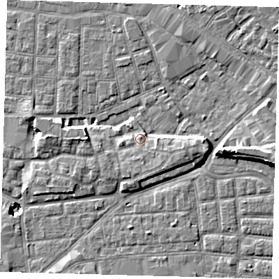 Shaded relief map of the ground around SE163EZ, computed from Environment Agency LiDAR. The ground here sits at about 4 m above sea level and falls 11 m across the surrounding 800 m. Surface water reaching this point runs off ground lying to the east-south-east, 3.1 m higher.