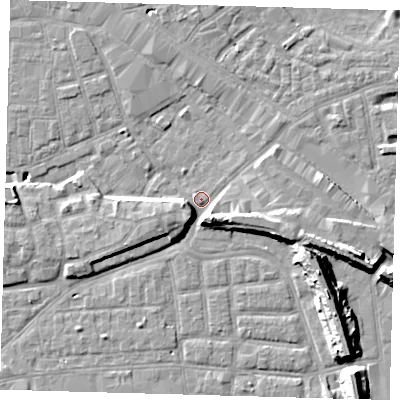 Shaded relief map of the ground around SE163FB, computed from Environment Agency LiDAR. The ground here sits at about 2 m above sea level and falls 14 m across the surrounding 800 m. Surface water reaching this point runs off ground lying to the east-south-east, 7.0 m higher.