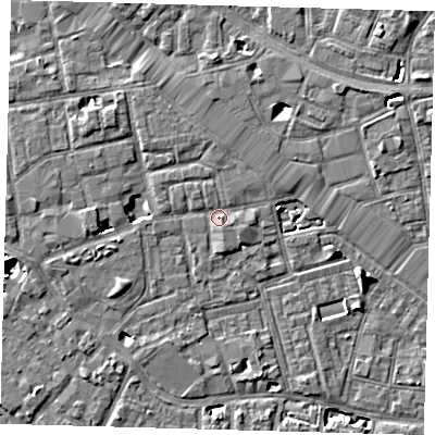 Shaded relief map of the ground around SE163FF, computed from Environment Agency LiDAR. The ground here sits at about 3 m above sea level and falls 7 m across the surrounding 800 m. Surface water reaching this point runs off ground lying to the west, 3.3 m higher.
