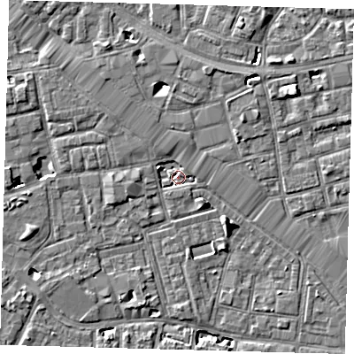 Shaded relief map of the ground around SE163FJ, computed from Environment Agency LiDAR. The ground here sits at about 2 m above sea level and falls 6 m across the surrounding 800 m. Surface water reaching this point runs off ground lying to the north-west, 2.9 m higher.