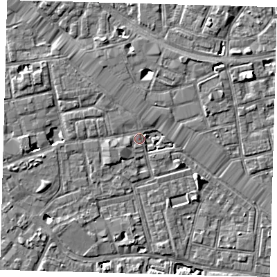 Shaded relief map of the ground around SE163FL, computed from Environment Agency LiDAR. The ground here sits at about 3 m above sea level and falls 6 m across the surrounding 800 m. Surface water reaching this point runs off ground lying to the west, 3.3 m higher.