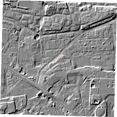 Shaded relief map of the ground around SE163FN, computed from Environment Agency LiDAR. The ground here sits at about 2 m above sea level and falls 10 m across the surrounding 800 m. Surface water reaching this point runs off ground lying to the south-south-west, 3.6 m higher.