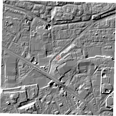 Shaded relief map of the ground around SE163FP, computed from Environment Agency LiDAR. The ground here sits at about 2 m above sea level and falls 11 m across the surrounding 800 m. Surface water reaching this point runs off ground lying to the south, 3.3 m higher.