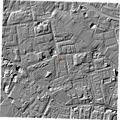 Shaded relief map of the ground around SE163FQ, computed from Environment Agency LiDAR. The ground here sits at about 3 m above sea level and falls 7 m across the surrounding 800 m. Surface water reaching this point runs off ground lying to the west, 0.5 m higher.