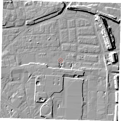 Shaded relief map of the ground around SE163FS, computed from Environment Agency LiDAR. The ground here sits at about 1 m above sea level and falls 14 m across the surrounding 800 m. Surface water reaching this point runs off ground lying to the south-east, 5.4 m higher.