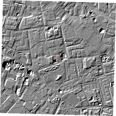 Shaded relief map of the ground around SE163GA, computed from Environment Agency LiDAR. The ground here sits at about 3 m above sea level and falls 8 m across the surrounding 800 m. Surface water reaching this point runs off ground lying to the west-north-west, 1.7 m higher.