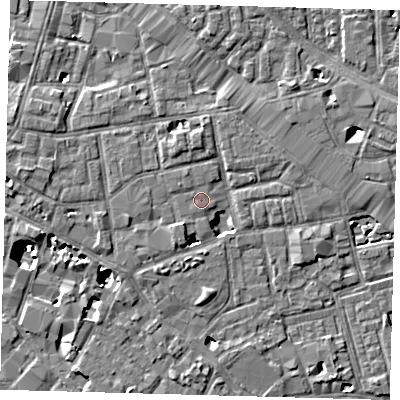 Shaded relief map of the ground around SE163GB, computed from Environment Agency LiDAR. The ground here sits at about 3 m above sea level and falls 8 m across the surrounding 800 m. The ground contributing surface water to this point lies to the west-north-west.