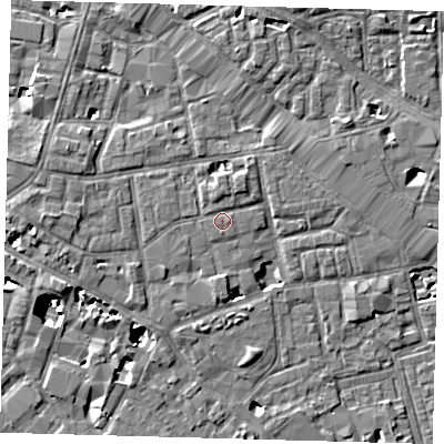 Shaded relief map of the ground around SE163GG, computed from Environment Agency LiDAR. The ground here sits at about 4 m above sea level and falls 8 m across the surrounding 800 m. Surface water reaching this point runs off ground lying to the east, 0.5 m higher.