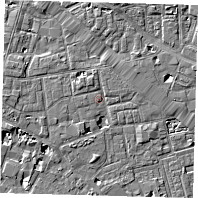 Shaded relief map of the ground around SE163GH, computed from Environment Agency LiDAR. The ground here sits at about 4 m above sea level and falls 8 m across the surrounding 800 m. Surface water reaching this point runs off ground lying to the north-north-west, 1.8 m higher.