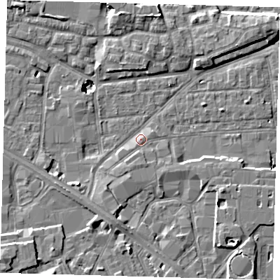 Shaded relief map of the ground around SE163HG, computed from Environment Agency LiDAR. The ground here sits at about 3 m above sea level and falls 10 m across the surrounding 800 m. Surface water reaching this point runs off ground lying to the south-south-west, 1.4 m higher.