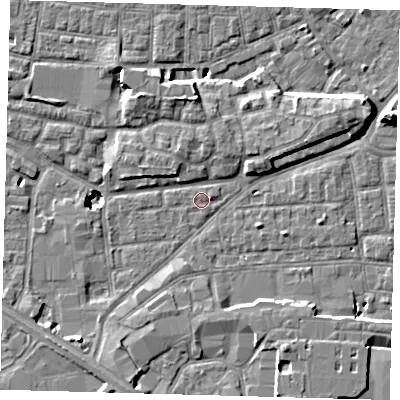 Shaded relief map of the ground around SE163JA, computed from Environment Agency LiDAR. The ground here sits at about 1 m above sea level and falls 11 m across the surrounding 800 m. Surface water reaching this point runs off ground lying to the east-north-east, 1.0 m higher.