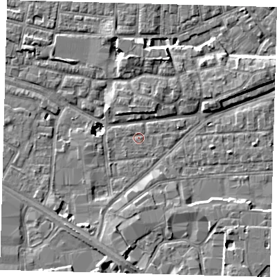 Shaded relief map of the ground around SE163JB, computed from Environment Agency LiDAR. The ground here sits at about 1 m above sea level and falls 9 m across the surrounding 800 m. The ground contributing surface water to this point lies to the south-south-east.