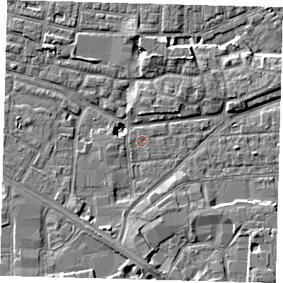 Shaded relief map of the ground around SE163JD, computed from Environment Agency LiDAR. The ground here sits at about 1 m above sea level and falls 9 m across the surrounding 800 m. Surface water reaching this point runs off ground lying to the south-south-west, 3.7 m higher.