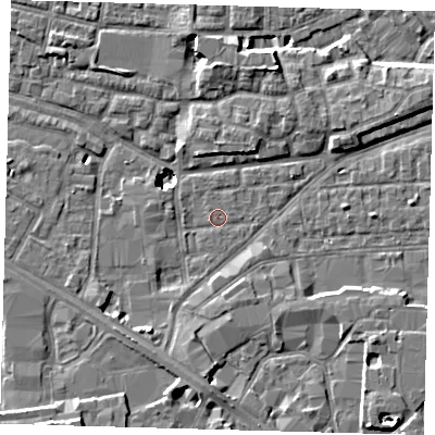 Shaded relief map of the ground around SE163JE, computed from Environment Agency LiDAR. The ground here sits at about 2 m above sea level and falls 9 m across the surrounding 800 m. Surface water reaching this point runs off ground lying to the south-south-west, 3.7 m higher.