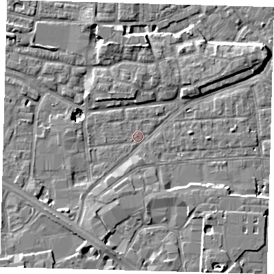 Shaded relief map of the ground around SE163JF, computed from Environment Agency LiDAR. The ground here sits at about 1 m above sea level and falls 10 m across the surrounding 800 m. Surface water reaching this point runs off ground lying to the south-south-west, 3.9 m higher.