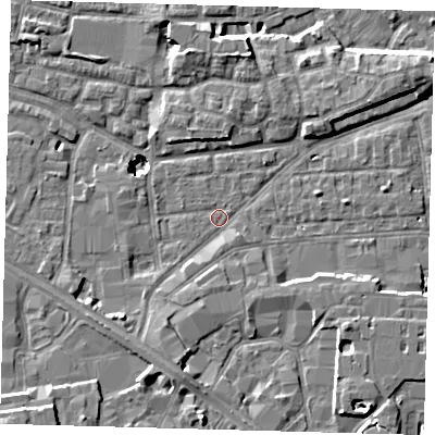Shaded relief map of the ground around SE163JG, computed from Environment Agency LiDAR. The ground here sits at about 1 m above sea level and falls 10 m across the surrounding 800 m. Surface water reaching this point runs off ground lying to the south-west, 3.7 m higher.