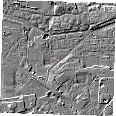 Shaded relief map of the ground around SE163JH, computed from Environment Agency LiDAR. The ground here sits at about 2 m above sea level and falls 11 m across the surrounding 800 m. Surface water reaching this point runs off ground lying to the south, 3.6 m higher.