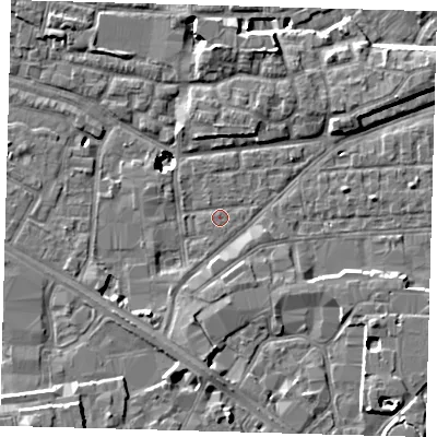 Shaded relief map of the ground around SE163JQ, computed from Environment Agency LiDAR. The ground here sits at about 1 m above sea level and falls 10 m across the surrounding 800 m. Surface water reaching this point runs off ground lying to the south-west, 3.7 m higher.