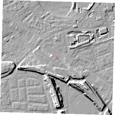 Shaded relief map of the ground around SE163JR, computed from Environment Agency LiDAR. The ground here sits at about 2 m above sea level and falls 13 m across the surrounding 800 m. Surface water reaching this point runs off ground lying to the north-west, 0.9 m higher.