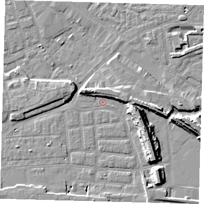 Shaded relief map of the ground around SE163JU, computed from Environment Agency LiDAR. The ground here sits at about 1 m above sea level and falls 14 m across the surrounding 800 m. Surface water reaching this point runs off ground lying to the east, 7.0 m higher.