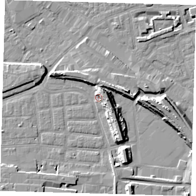 Shaded relief map of the ground around SE163JZ, computed from Environment Agency LiDAR. The ground here sits at about 1 m above sea level and falls 14 m across the surrounding 800 m. Surface water reaching this point runs off ground lying to the north-north-east, 14.0 m higher.