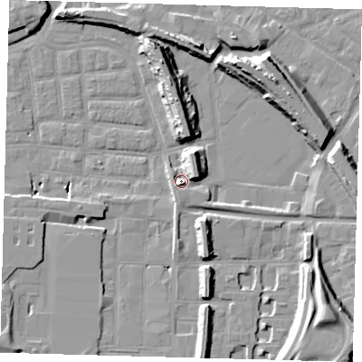 Shaded relief map of the ground around SE163LA, computed from Environment Agency LiDAR. The ground here sits at about 2 m above sea level and falls 15 m across the surrounding 800 m. Surface water reaching this point runs off ground lying to the north-east, 8.6 m higher.