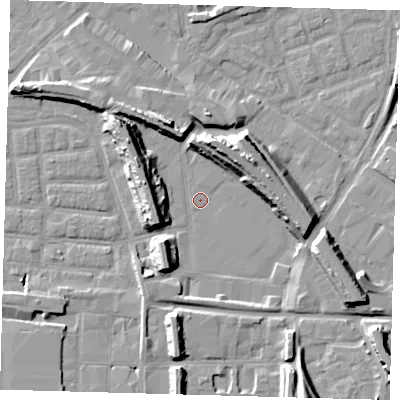 Shaded relief map of the ground around SE163LD, computed from Environment Agency LiDAR. The ground here sits at about 1 m above sea level and falls 14 m across the surrounding 800 m. Surface water reaching this point runs off ground lying to the north-west, 12.2 m higher.