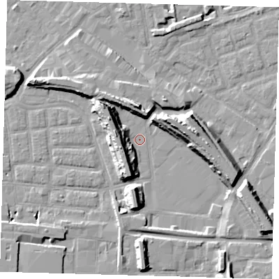 Shaded relief map of the ground around SE163LF, computed from Environment Agency LiDAR. The ground here sits at about 1 m above sea level and falls 14 m across the surrounding 800 m. Surface water reaching this point runs off ground lying to the west, 10.6 m higher.