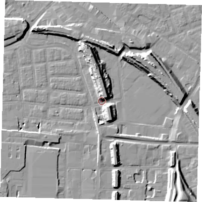Shaded relief map of the ground around SE163LH, computed from Environment Agency LiDAR. The ground here sits at about 2 m above sea level and falls 15 m across the surrounding 800 m. Surface water reaching this point runs off ground lying to the south-east, 13.1 m higher.