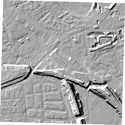 Shaded relief map of the ground around SE163LL, computed from Environment Agency LiDAR. The ground here sits at about 4 m above sea level and falls 13 m across the surrounding 800 m. Surface water reaching this point runs off ground lying to the south-south-east, 3.9 m higher.