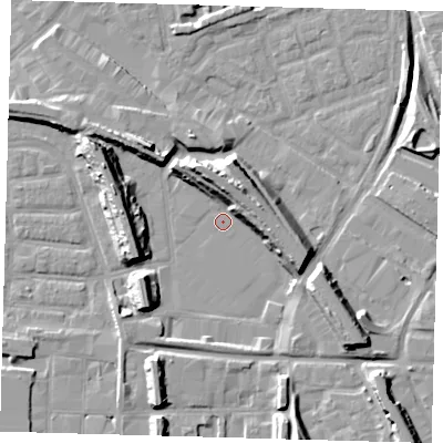 Shaded relief map of the ground around SE163LN, computed from Environment Agency LiDAR. The ground here sits at about 1 m above sea level and falls 15 m across the surrounding 800 m. Surface water reaching this point runs off ground lying to the north-north-east, 10.8 m higher.