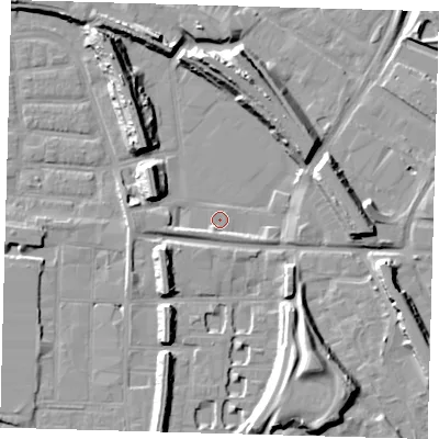 Shaded relief map of the ground around SE163LP, computed from Environment Agency LiDAR. The ground here sits at about 1 m above sea level and falls 14 m across the surrounding 800 m. Surface water reaching this point runs off ground lying to the south, 2.1 m higher.