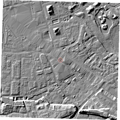 Shaded relief map of the ground around SE163LR, computed from Environment Agency LiDAR. The ground here sits at about 2 m above sea level and falls 9 m across the surrounding 800 m. Surface water reaching this point runs off ground lying to the east-south-east, 1.0 m higher.