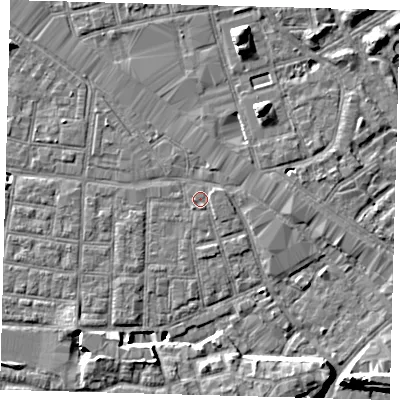Shaded relief map of the ground around SE163LS, computed from Environment Agency LiDAR. The ground here sits at about 2 m above sea level and falls 8 m across the surrounding 800 m. Surface water reaching this point runs off ground lying to the east-south-east, 0.9 m higher.
