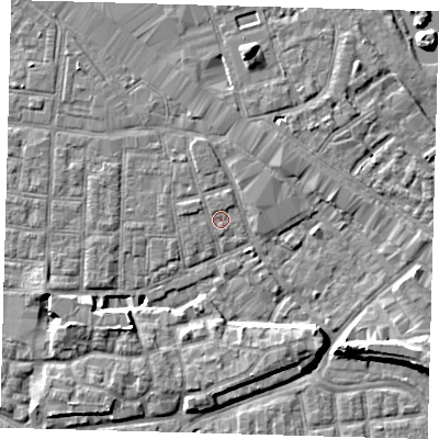 Shaded relief map of the ground around SE163LT, computed from Environment Agency LiDAR. The ground here sits at about 2 m above sea level and falls 8 m across the surrounding 800 m. Surface water reaching this point runs off ground lying to the north-west, 0.9 m higher.
